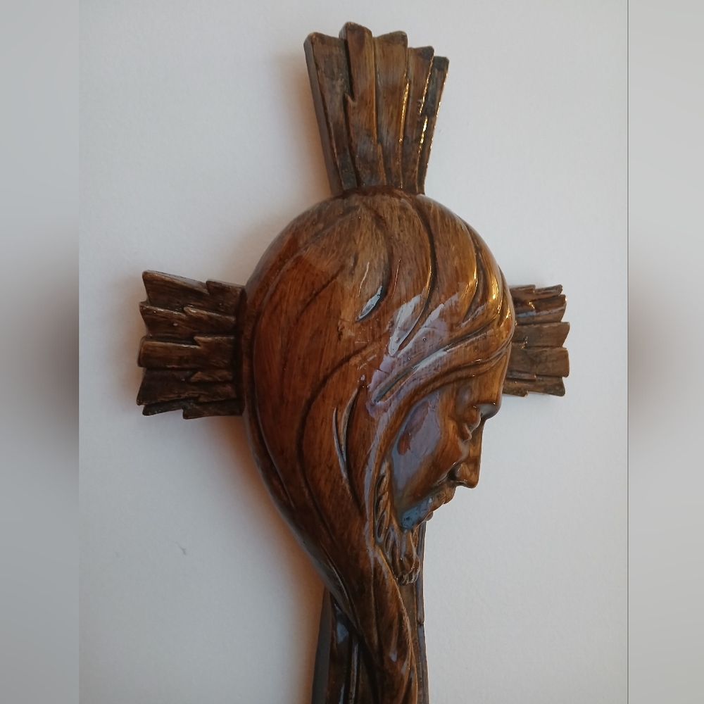 Vtg 19" Handmade Pottery Clay Cross w/ Side Profile of Jesus - Picture 5 of 16